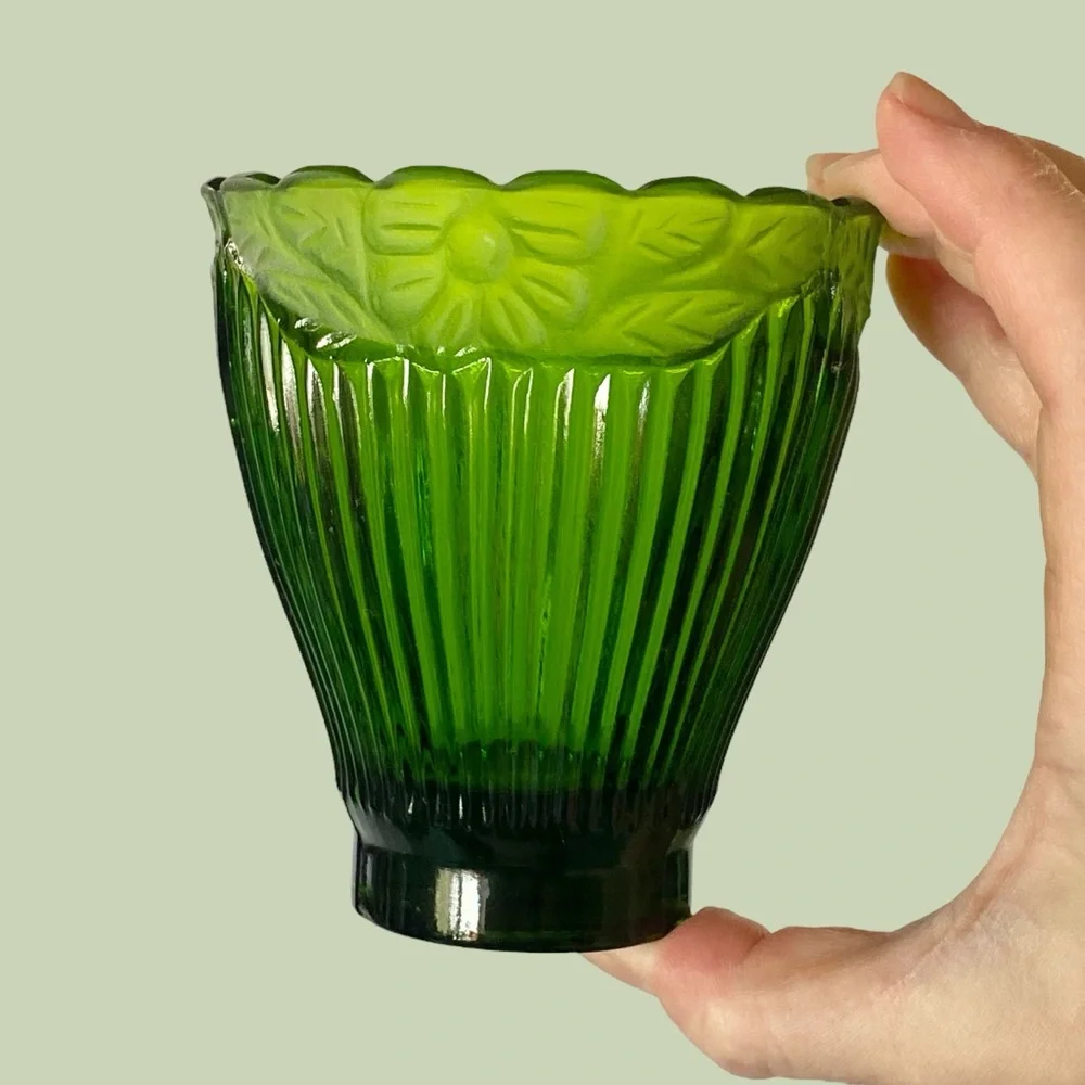 Crate & Barrel Green Glass Frosted and Glossy Ribbed Floral Candle Holder 4.25